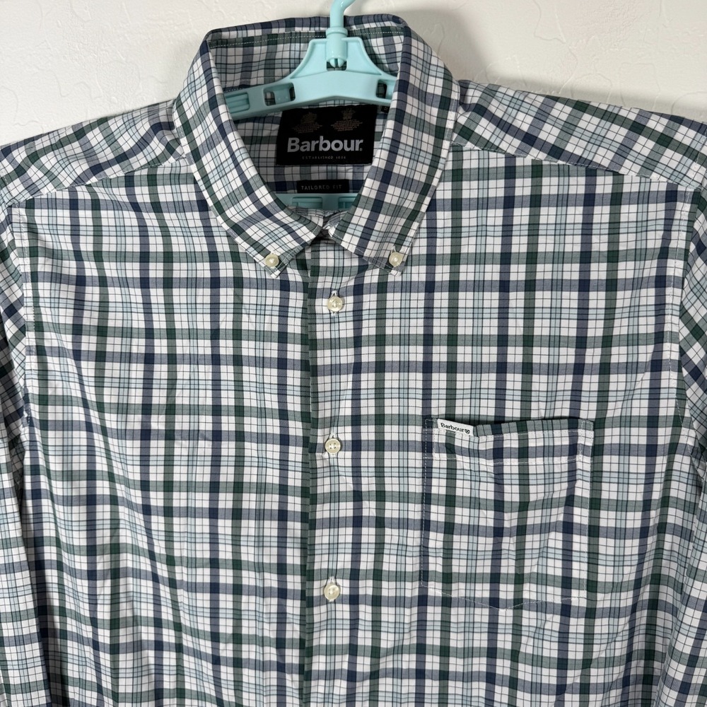 Barbour Shirt‎ Mens Medium White Blue Green Button Down Performance Tailored Fit
